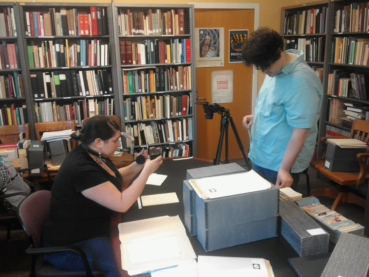Richenda Ervin and Jonathan Geary (Shingle Springs) consulting the Hans Jørgen Uldall Papers on the Nisenan Language (October 2022)