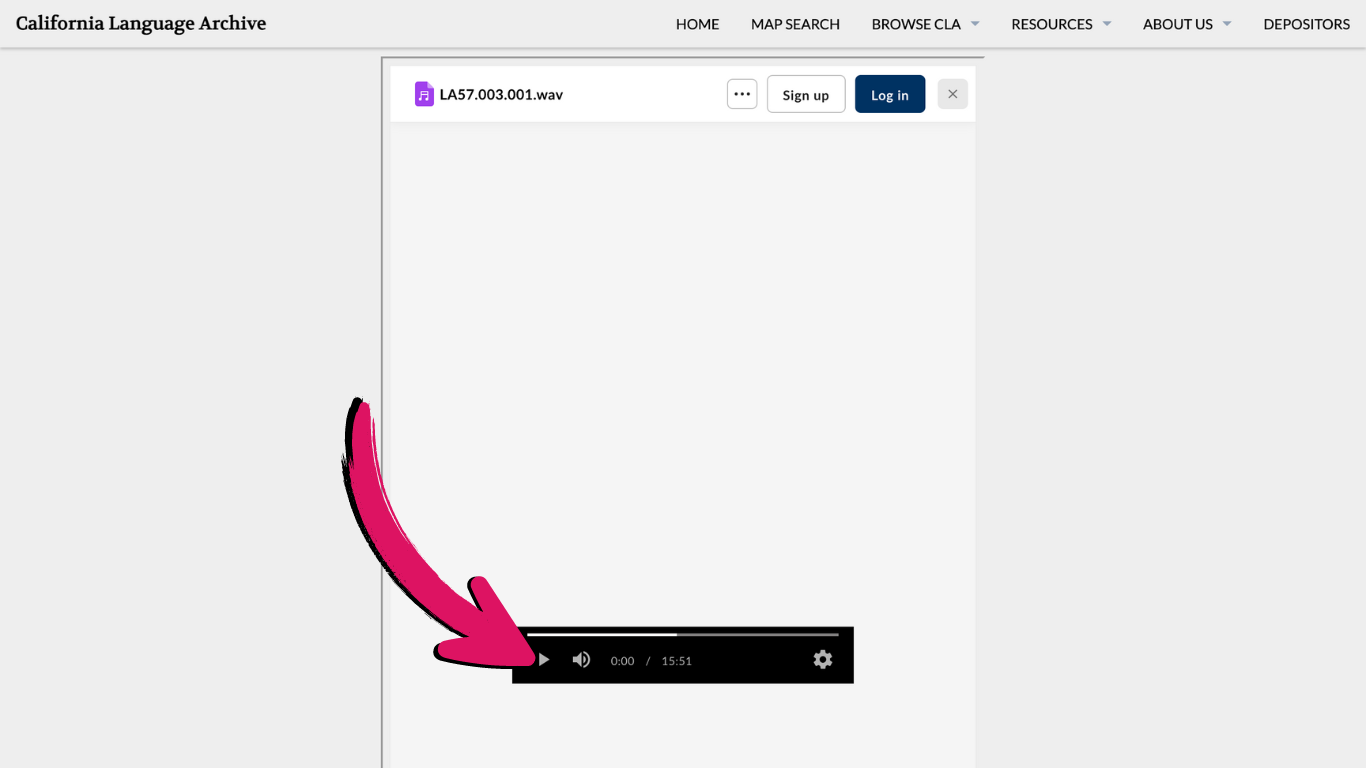 Item description page with pink arrow pointing to the audio play button in the embedded bConnected Box page