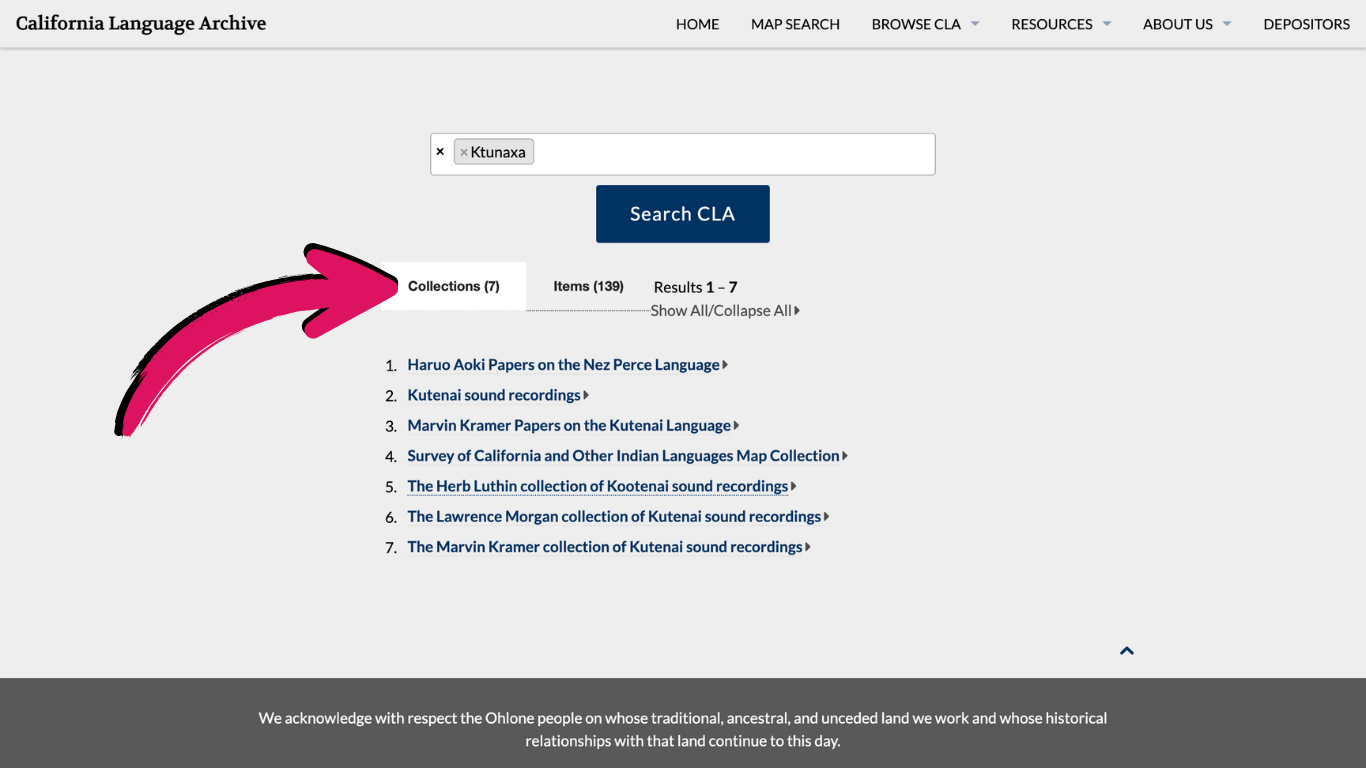 Results page for Ktunaxa with pink arrow pointing to Collections tab