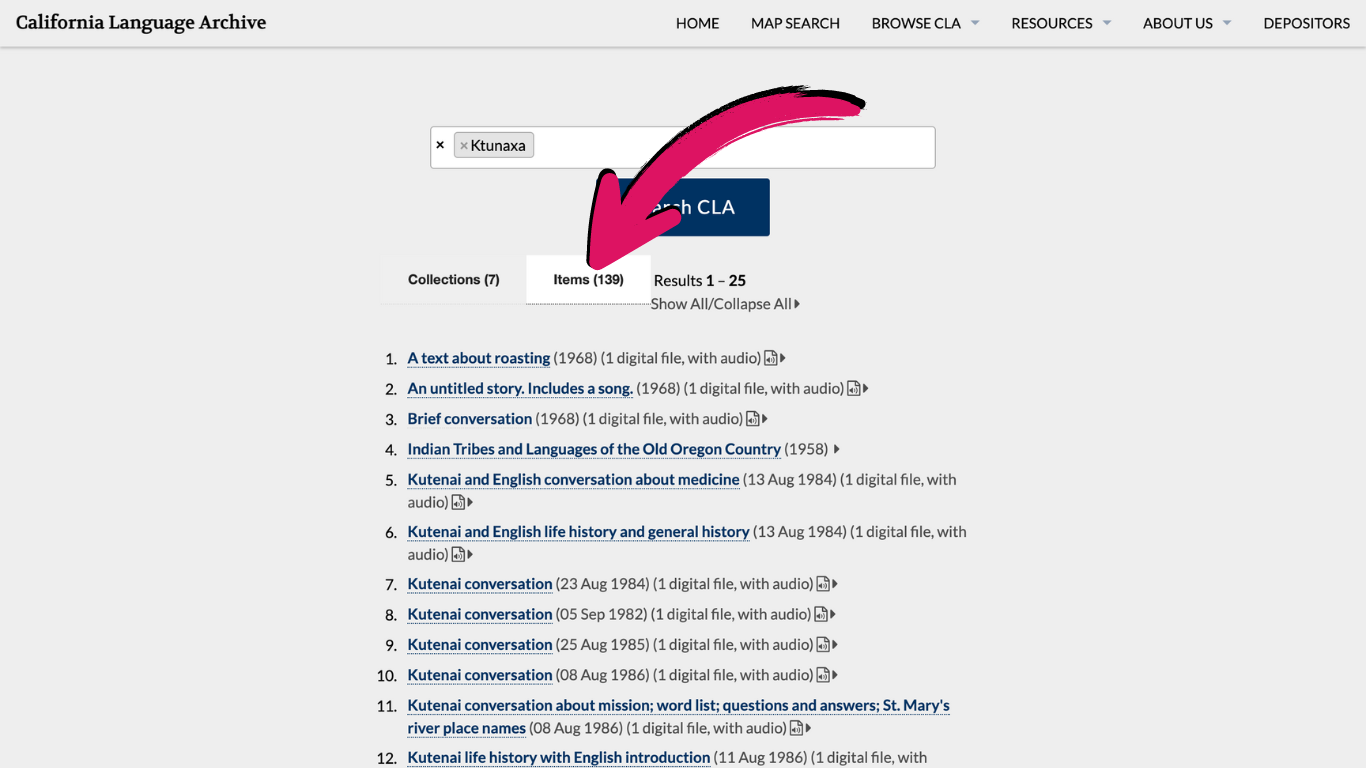Results page for Ktunaxa with pink arrow pointing to Items tab