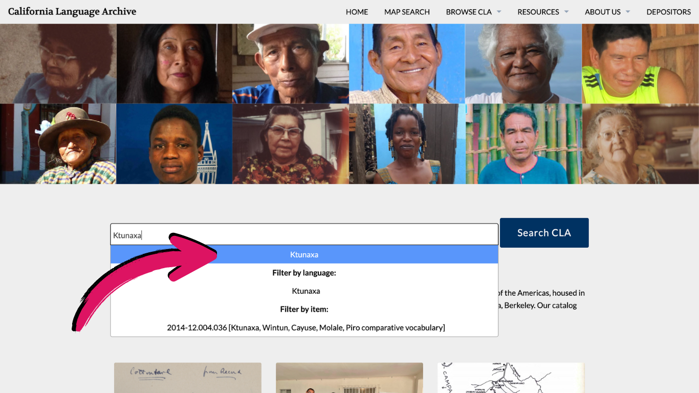 Homepage with Ktunaxa typed in search bar and pink arrow pointing to the first option below that reads Ktunaxa