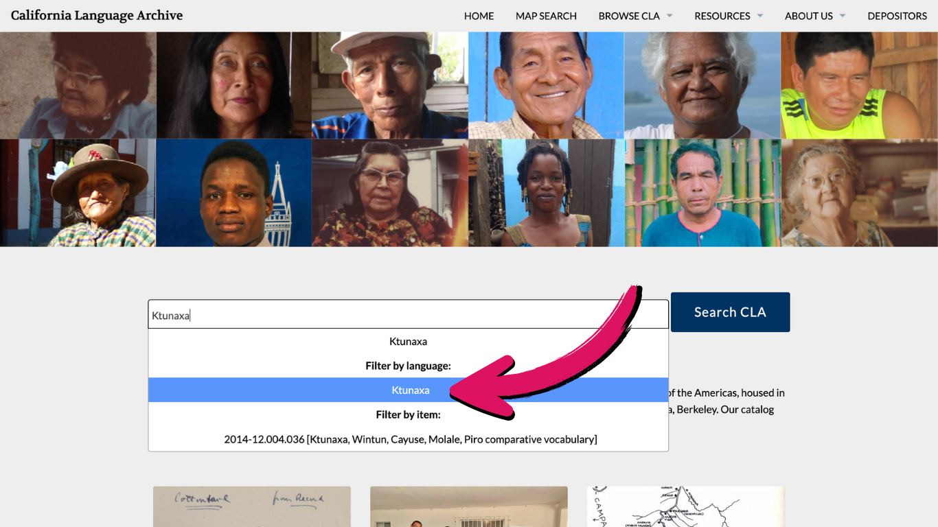 Homepage with Ktunaxa typed in search bar and pink arrow pointing to the second option below that reads Ktunaxa, underneath bold lettering that reads Filter by language